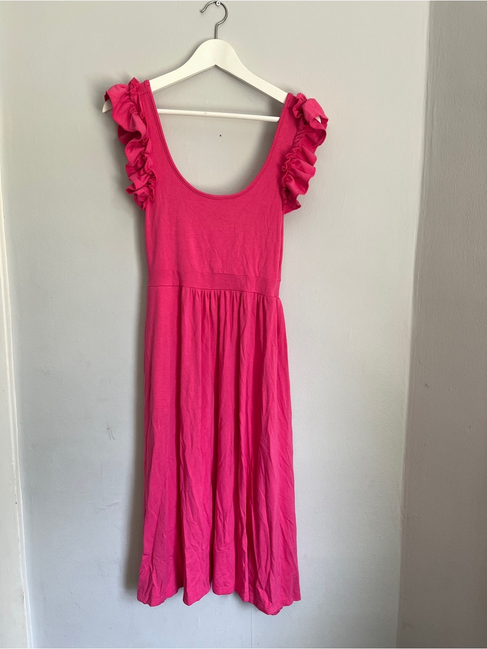Hot pink soft and stretchy midi dress with ruffles. Handmade in Toronto.